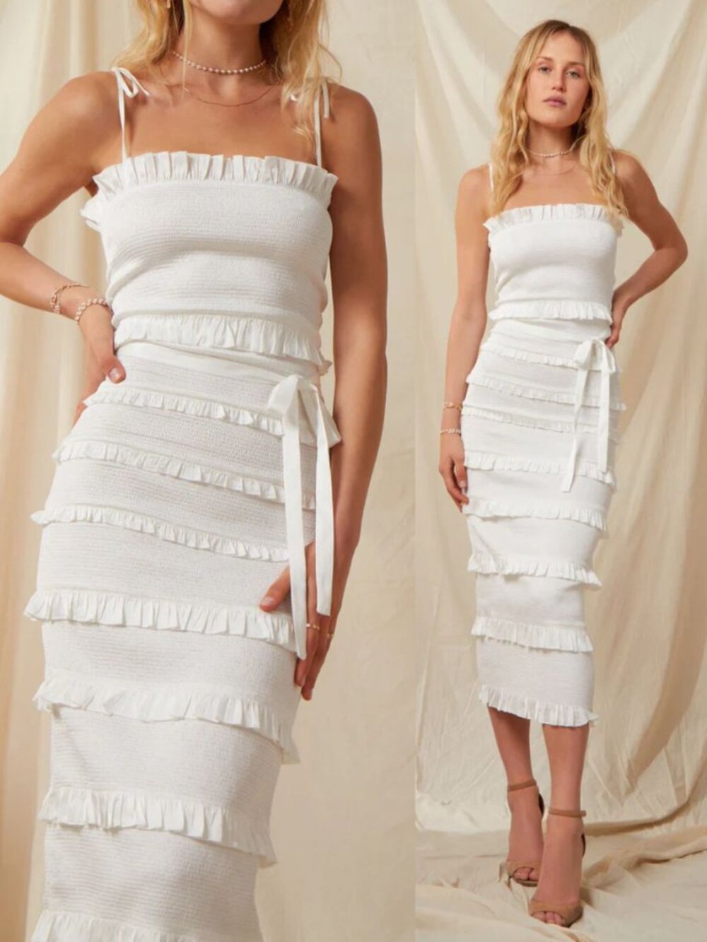 V. Chapman Lily Midi Dress White Smocked Ruffle Bodycon Spaghetti‎ Strap Size 00